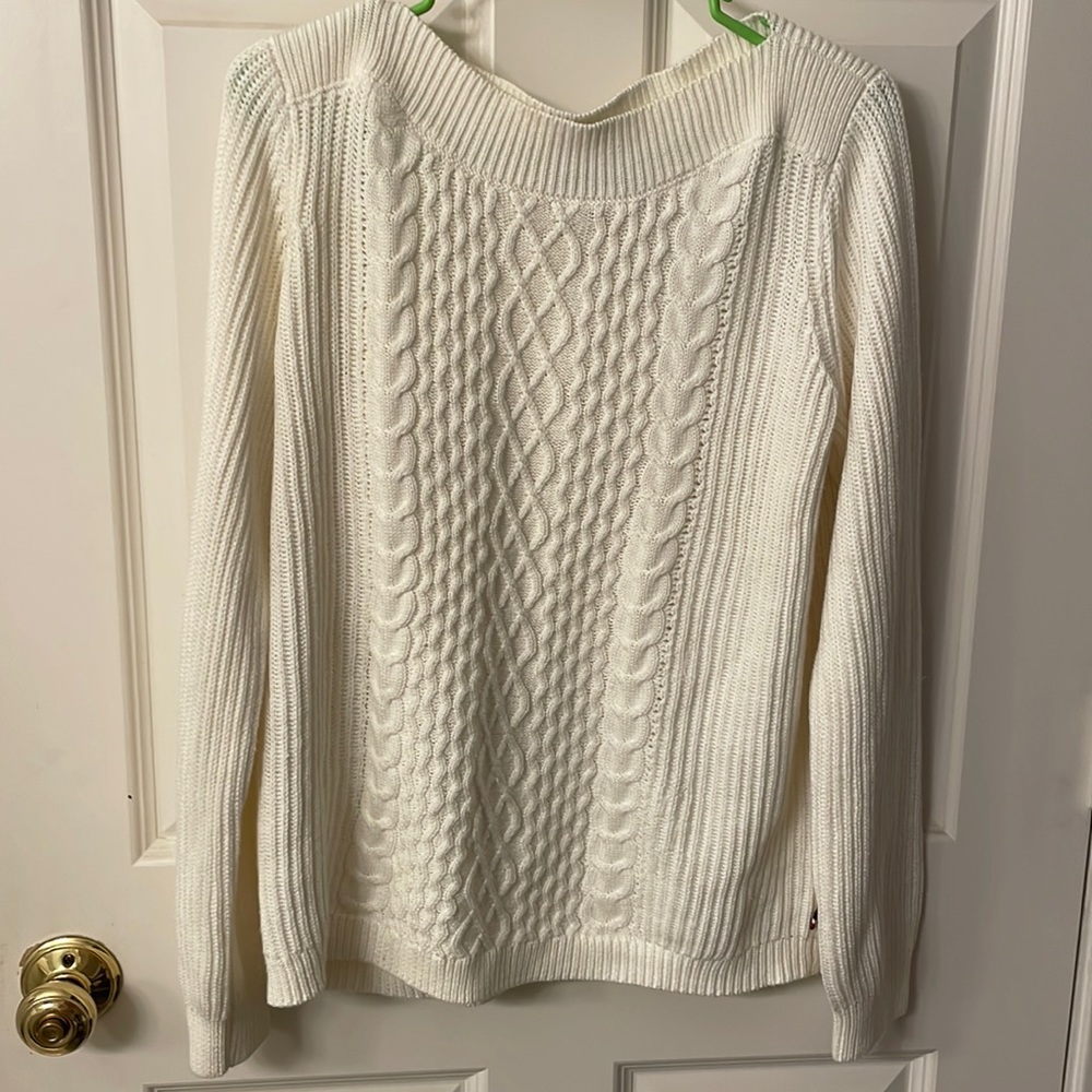 white cable knit sweater